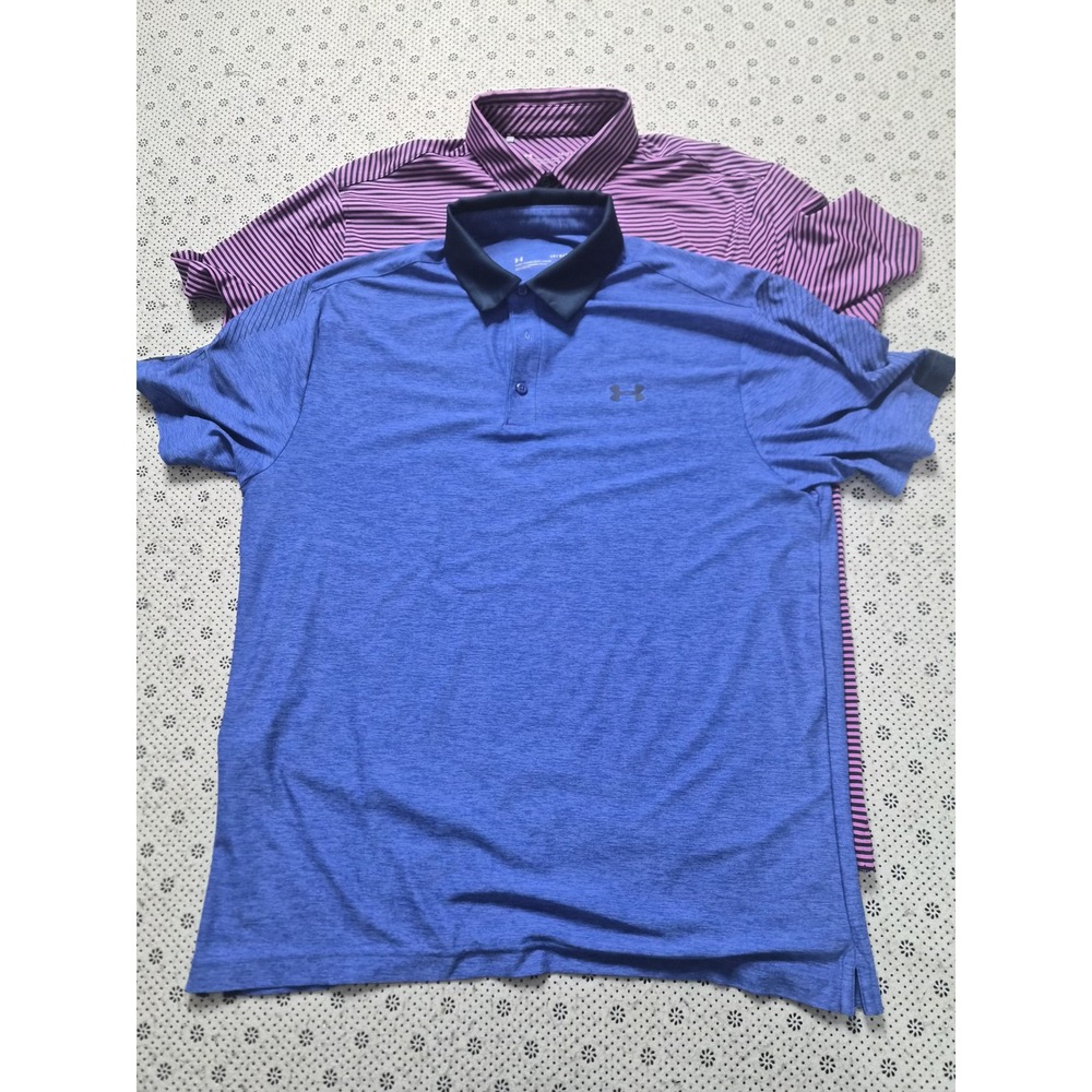 2 Under Armour Men's Heatgear Loose Fit Golf Polo‎ Blue on Blue & Purple Striped